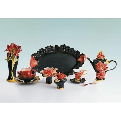 Franz Collection Striking Vermillion Peony Flower Design Sculptured Porcelain Serving Tray FZ001164 - BBL & Co.