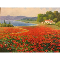Canvas Oil Painting Tuscany Cypress Lake Red Poppies