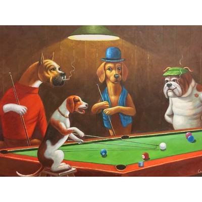 Oil Painting Smoking Dog Pool Night 24