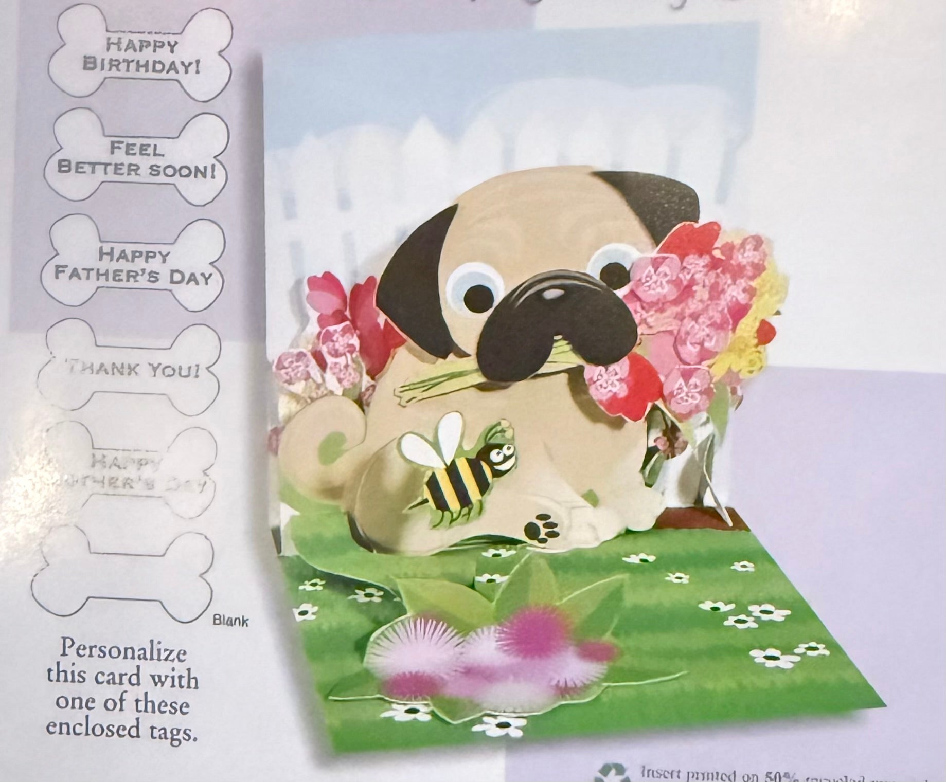 Treasures 3D Pop-Up Greeting Card Pug Bouquet