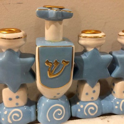 Ceramic White and Light Blue with Gold Menorah - BBL & Co.