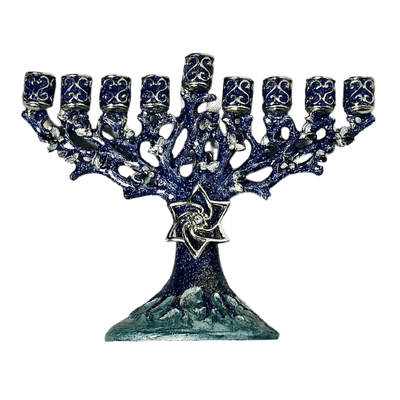 Blue Enameled Channukah Menorah with Magen David Star  6" x 5" - BBL & Co.