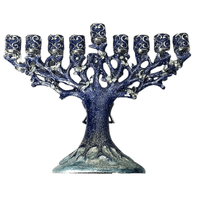 Blue Enameled Channukah Menorah with Magen David Star  6" x 5" - BBL & Co.