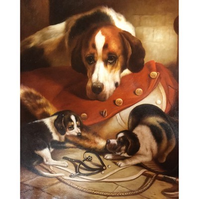 Oil Painting Dog, puppies and Red Jacket 24