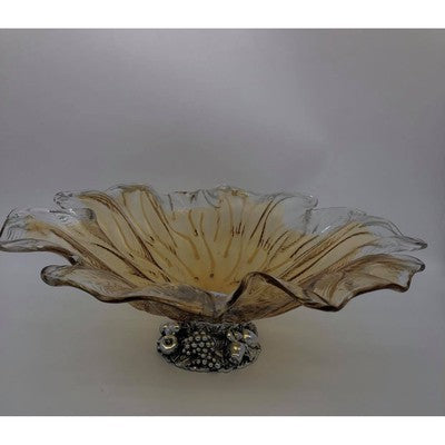 Art Glass Handblown Murano Glass Flower Shaped Centerpiece Serving Bowl with Metal Base - BBL & Co.