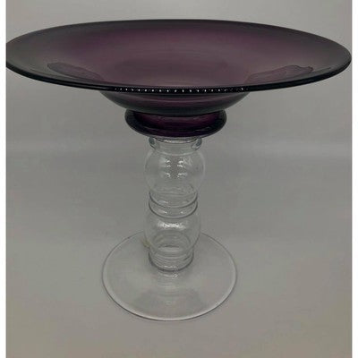 Handblown Glass Centerpiece Violet Bowl on Clear Glass Pedestal - BBL & Co.